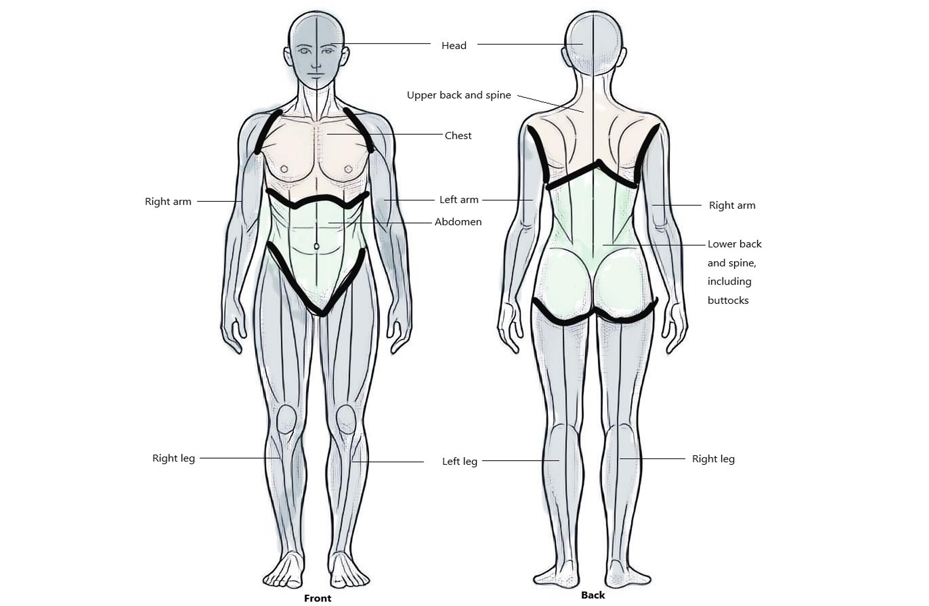 Front and back images of a person. The 9 pain sites of the body are labelled. Source: Veterans Affairs Canada (2024).