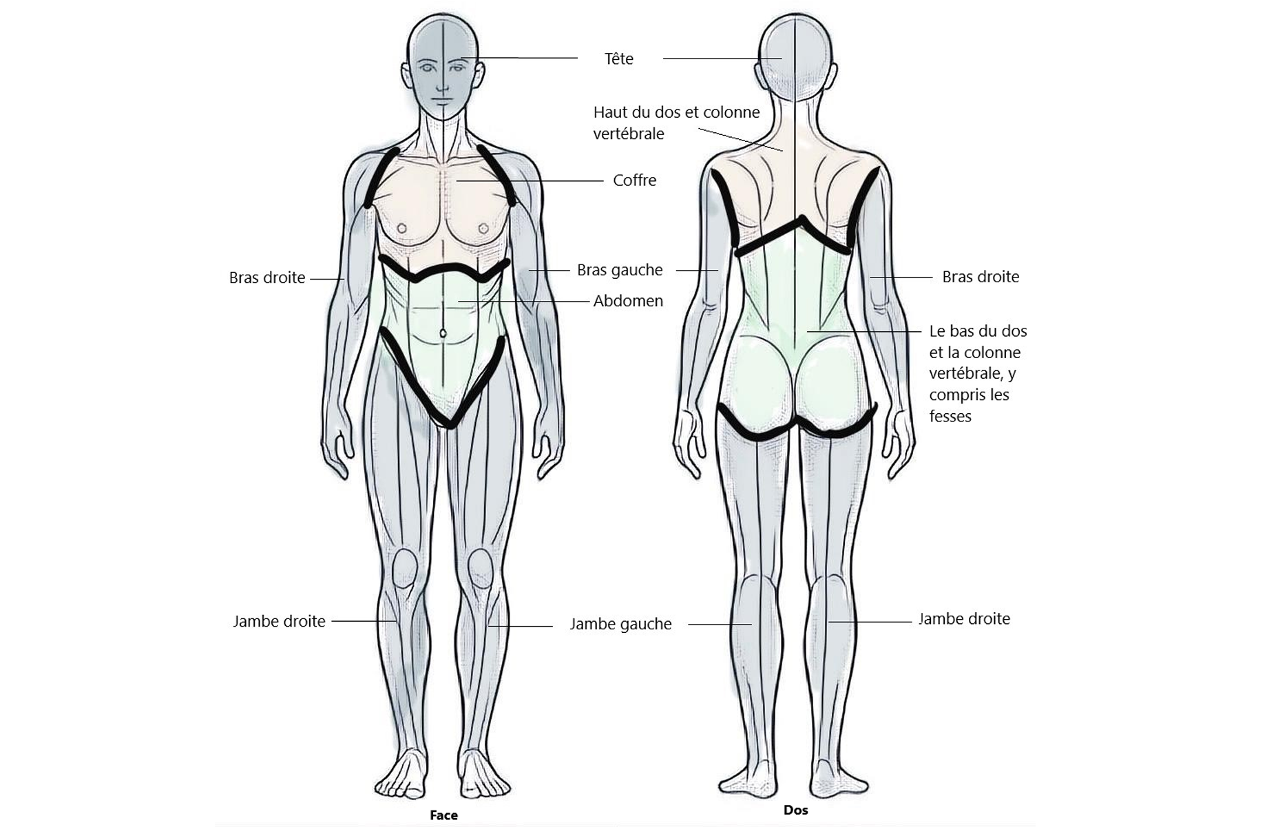 Images de face et de dos d’une personne. Les neuf points douloureux du corps sont étiquetés. Source : Anciens Combattants Canada (2024).