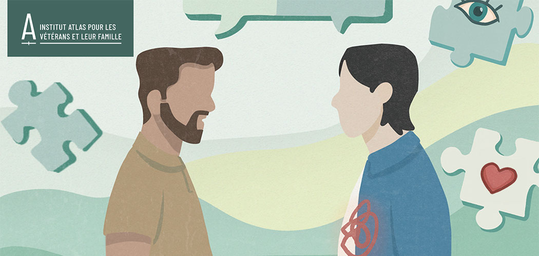 Deux personnes en train de parler avec le phrase Institut Atlas pour les vétérans et leur famille affichée