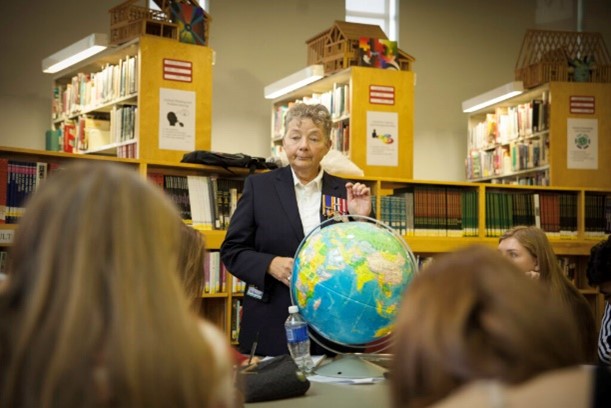 A person standing in front of a globe