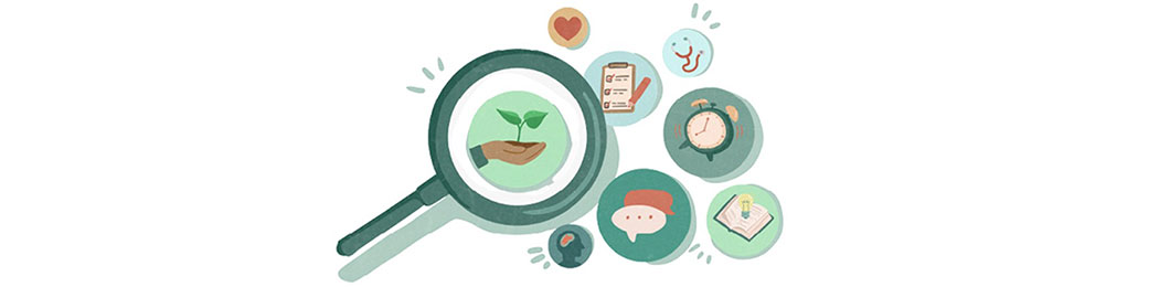 Illustration of a magnifying glass highlighting a hand holding a small plant, surrounded by icons representing health, support, time, and information resources.