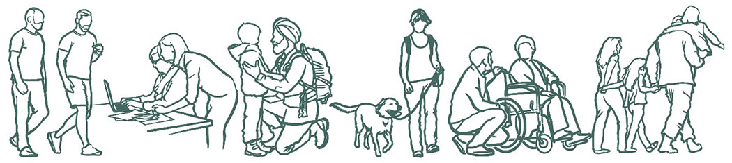 Line illustration of diverse Veterans and family members connecting and supporting one another, including individuals using a wheelchair and a guide dog.