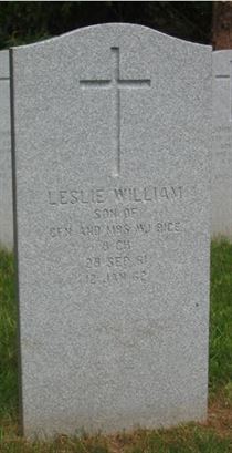 Headstone of Leslie William Rice.