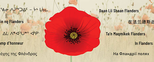 A red poppy is in the centre of the bookmark on a beige background. The words In Flanders Fields appear in 10 different languages.