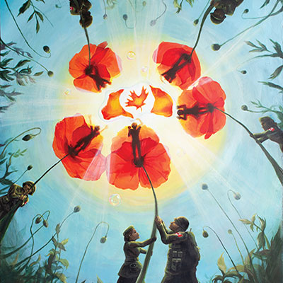 A poster showing illustrated poppies, containing illustrations of Veterans within, surrounding a Canada flag against a blue and yellow background. Two Canadian soldiers in green uniforms are holding the poppies up by their green stems.
