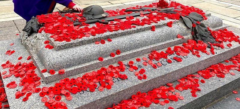 : A stone sarcophagus is covered in the red poppies worn on Remembrance Day. The sarcophagus has bronze sculptures of maples leaves covering the right front corner as well as a sword and a First World War-style helmet.